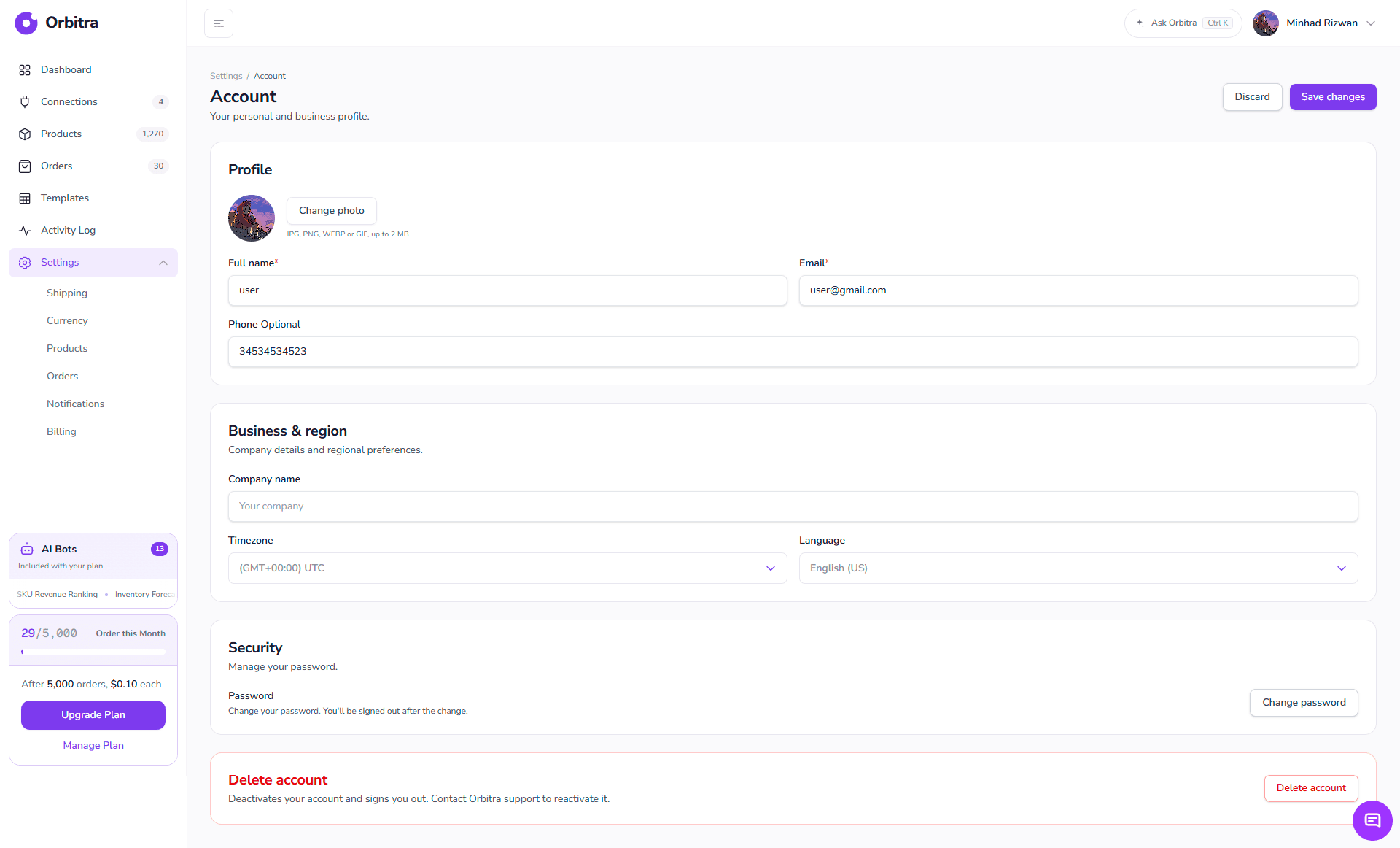 Settings → Account: Profile, Business & region, Security and Delete account.