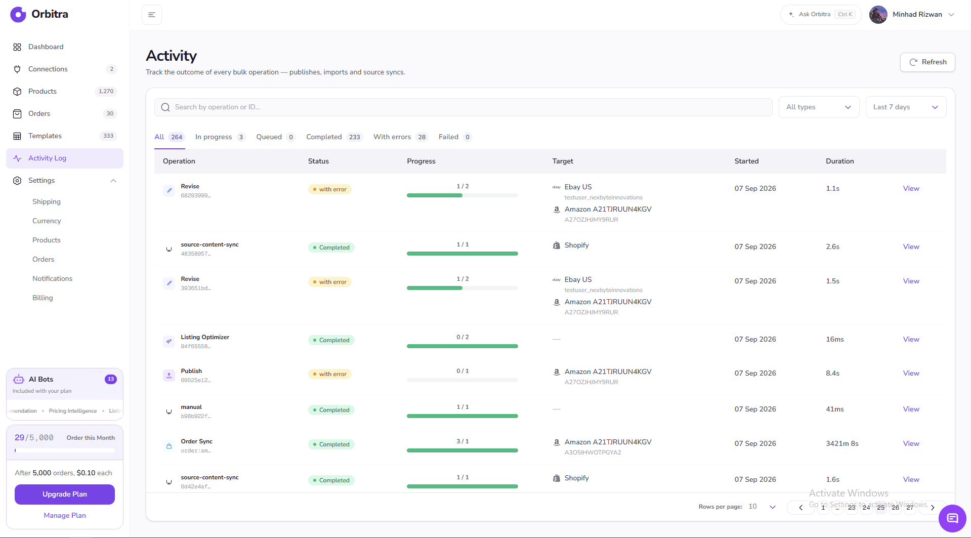 The Activity log: status tabs above a table of bulk operations with progress, target and duration.