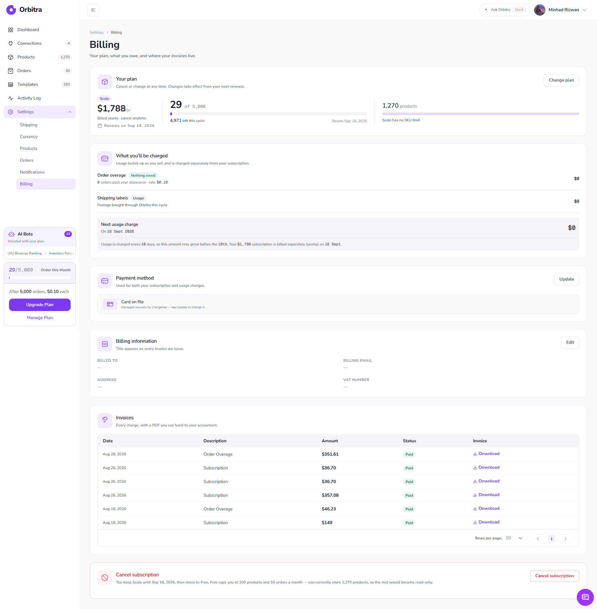 Settings → Billing: plan and usage, upcoming charges, payment method, billing information and invoices.