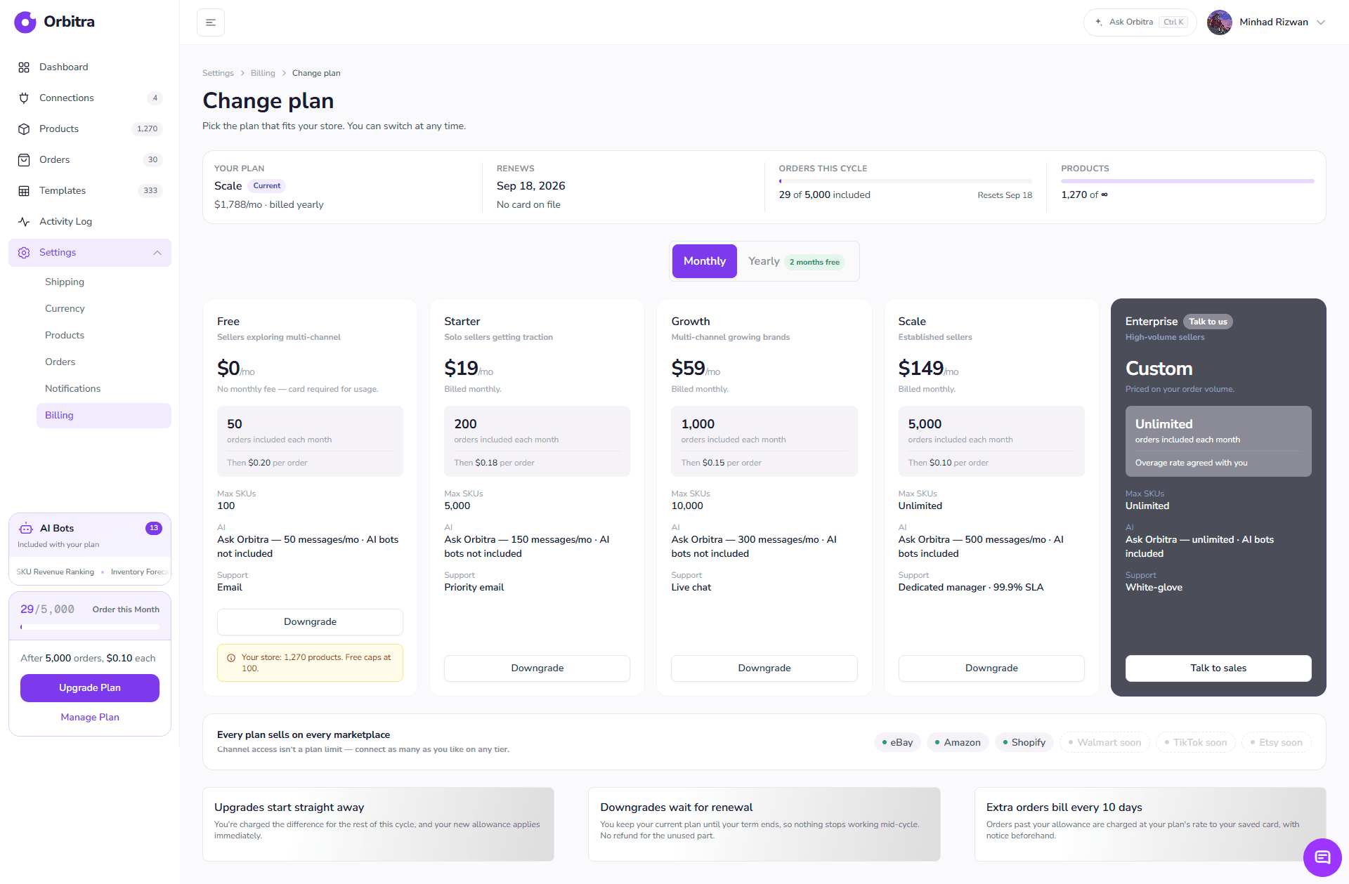 The Change plan screen: Free, Starter, Growth, Scale and Enterprise side by side with a monthly/yearly switch.