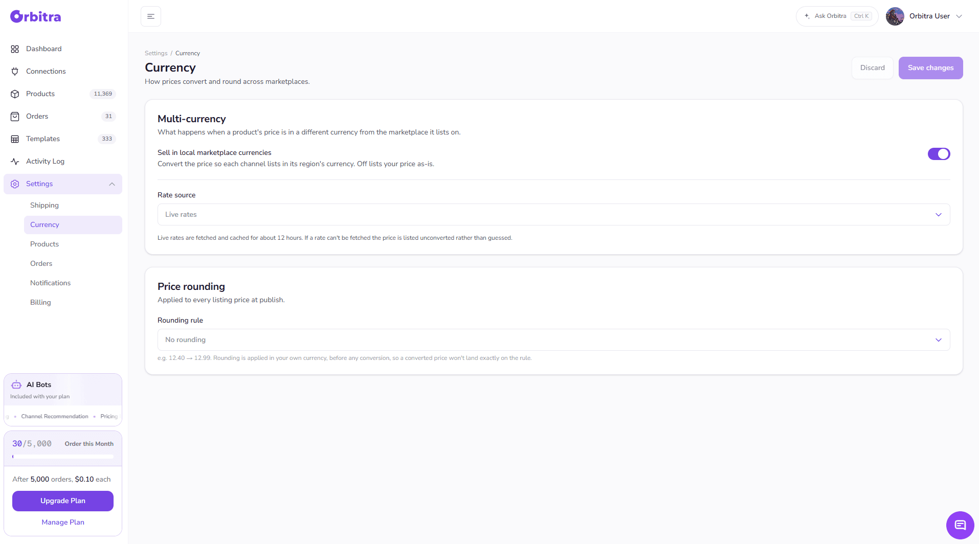 Settings → Currency: the Sell in local marketplace currencies switch with its rate source, and the price rounding rule.