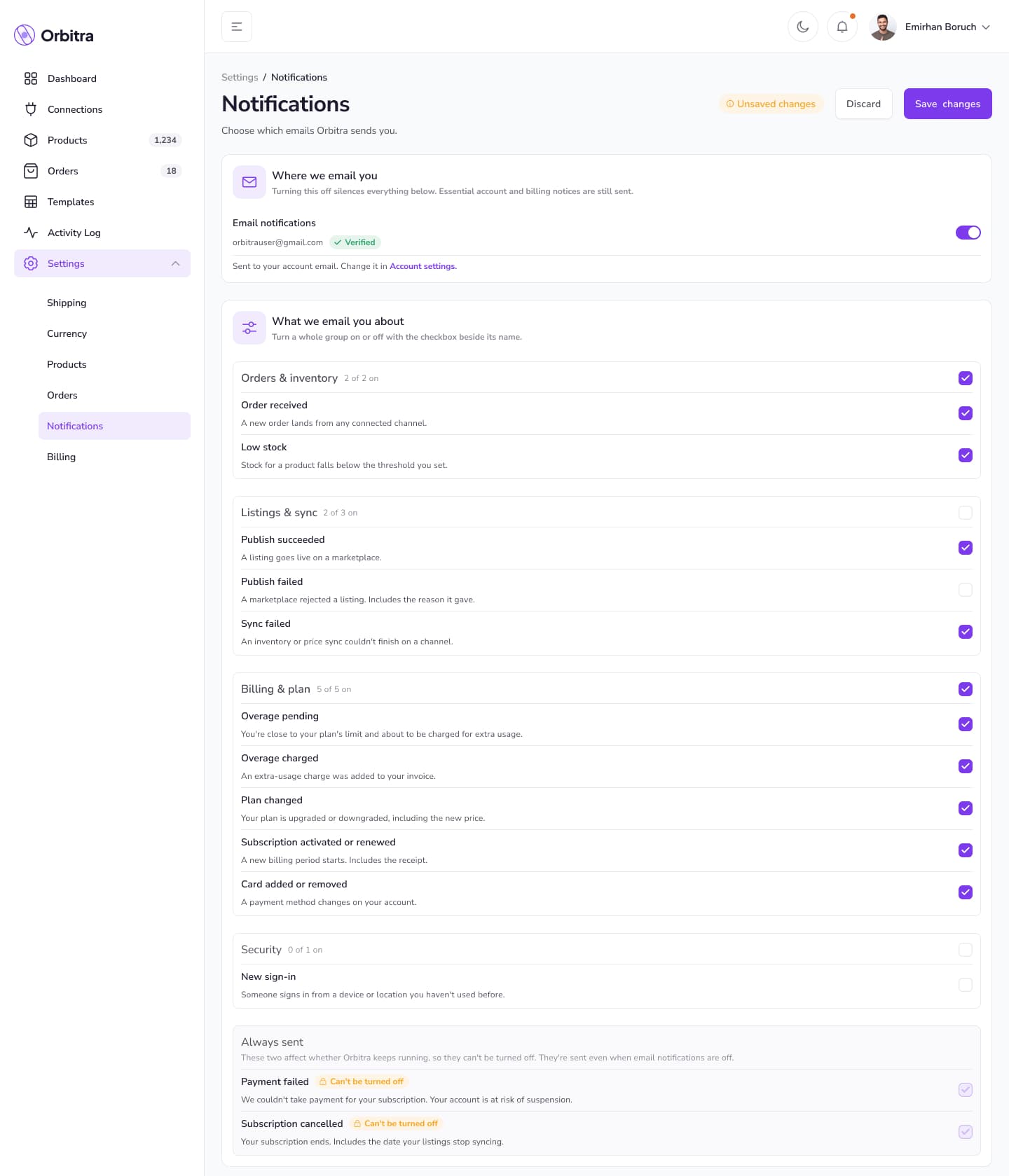 Settings → Notifications: the master email switch, five toggle groups and the two always-sent notices.