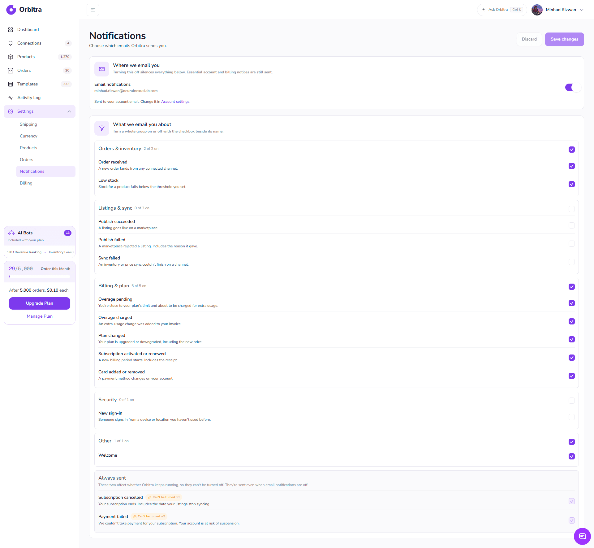 Settings → Notifications: the master email switch, five toggle groups and the two always-sent notices.