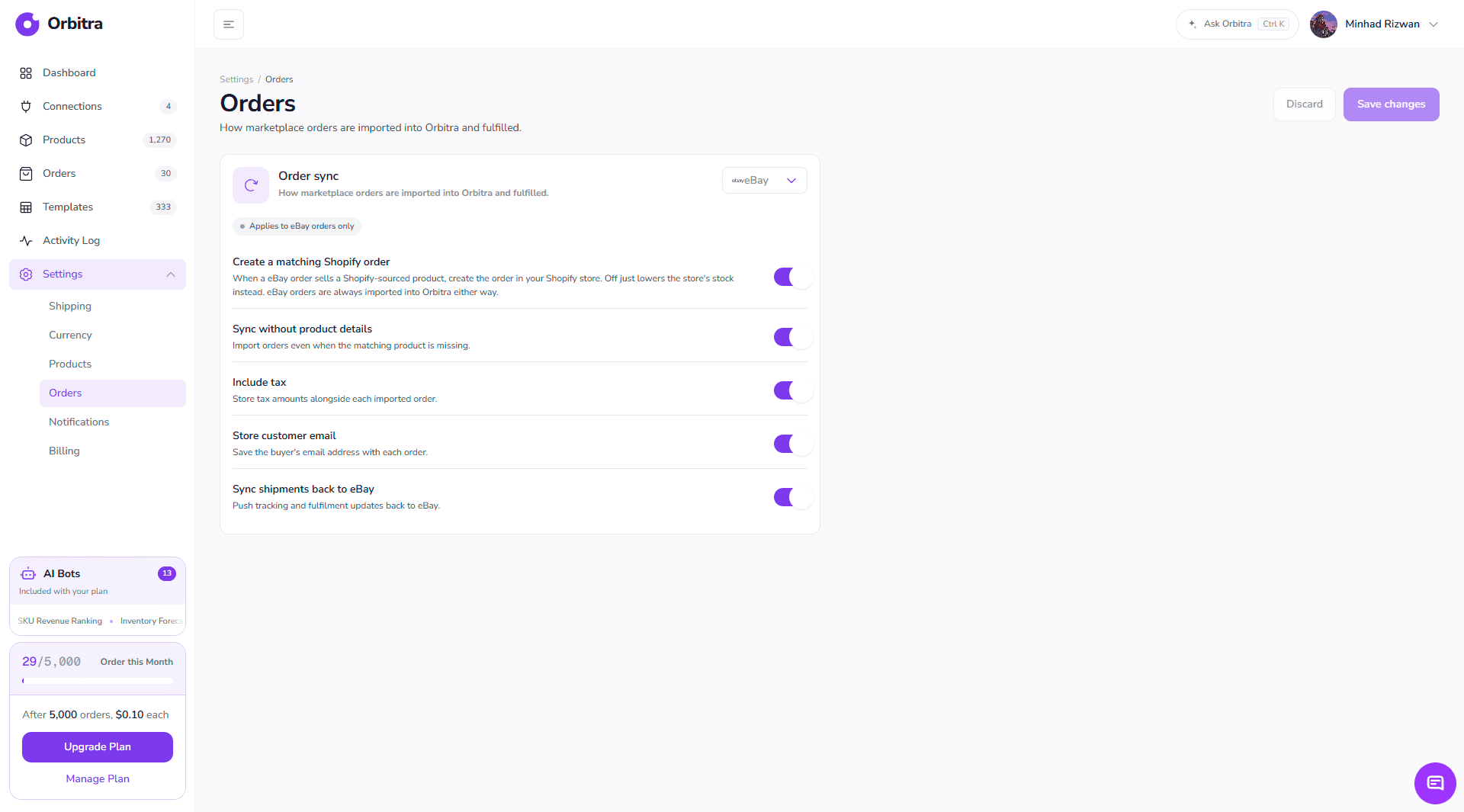 Settings → Orders: the five order-sync toggles, scoped to eBay.