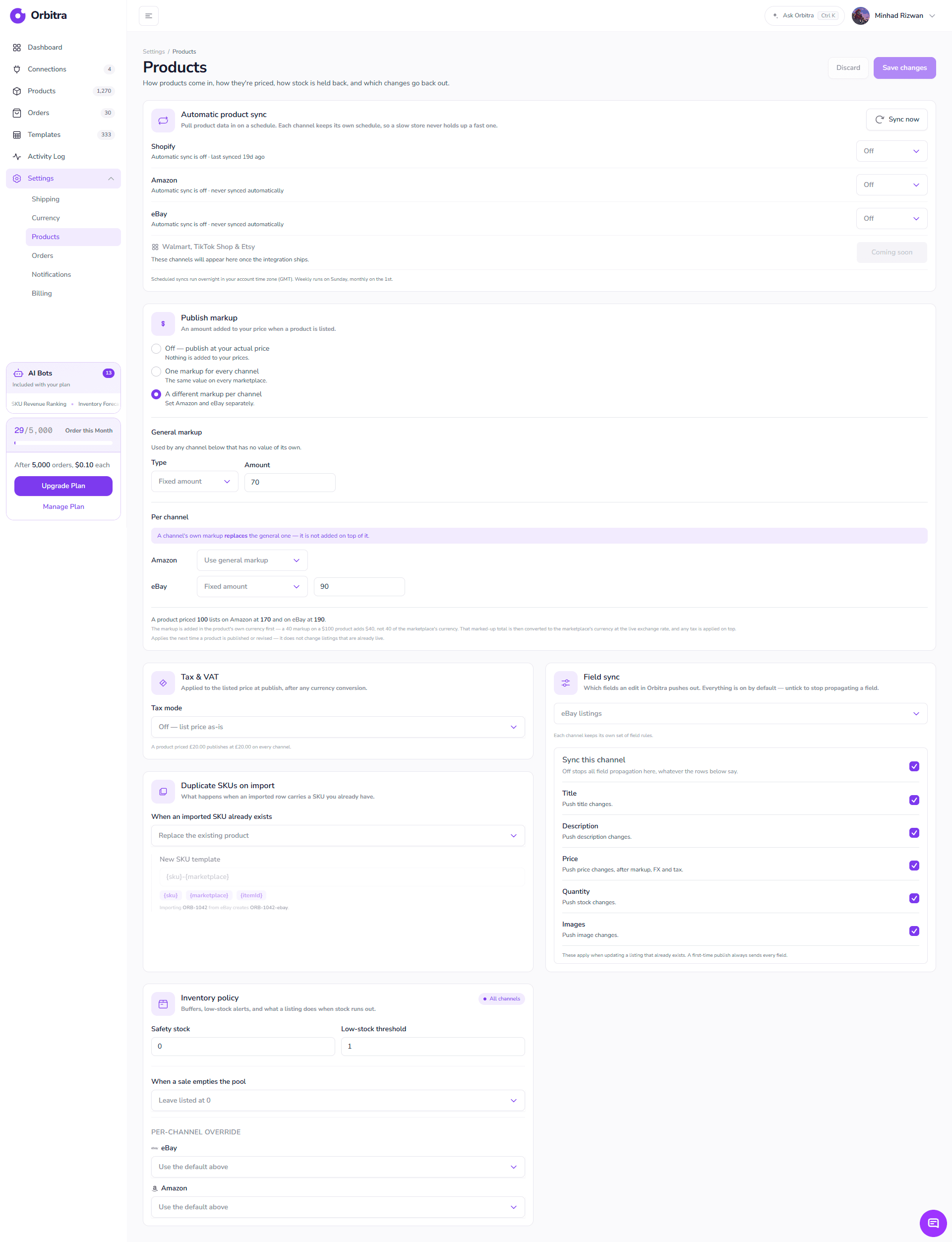 Settings → Products: automatic sync, publish markup, tax, duplicate SKUs, field sync and inventory policy.