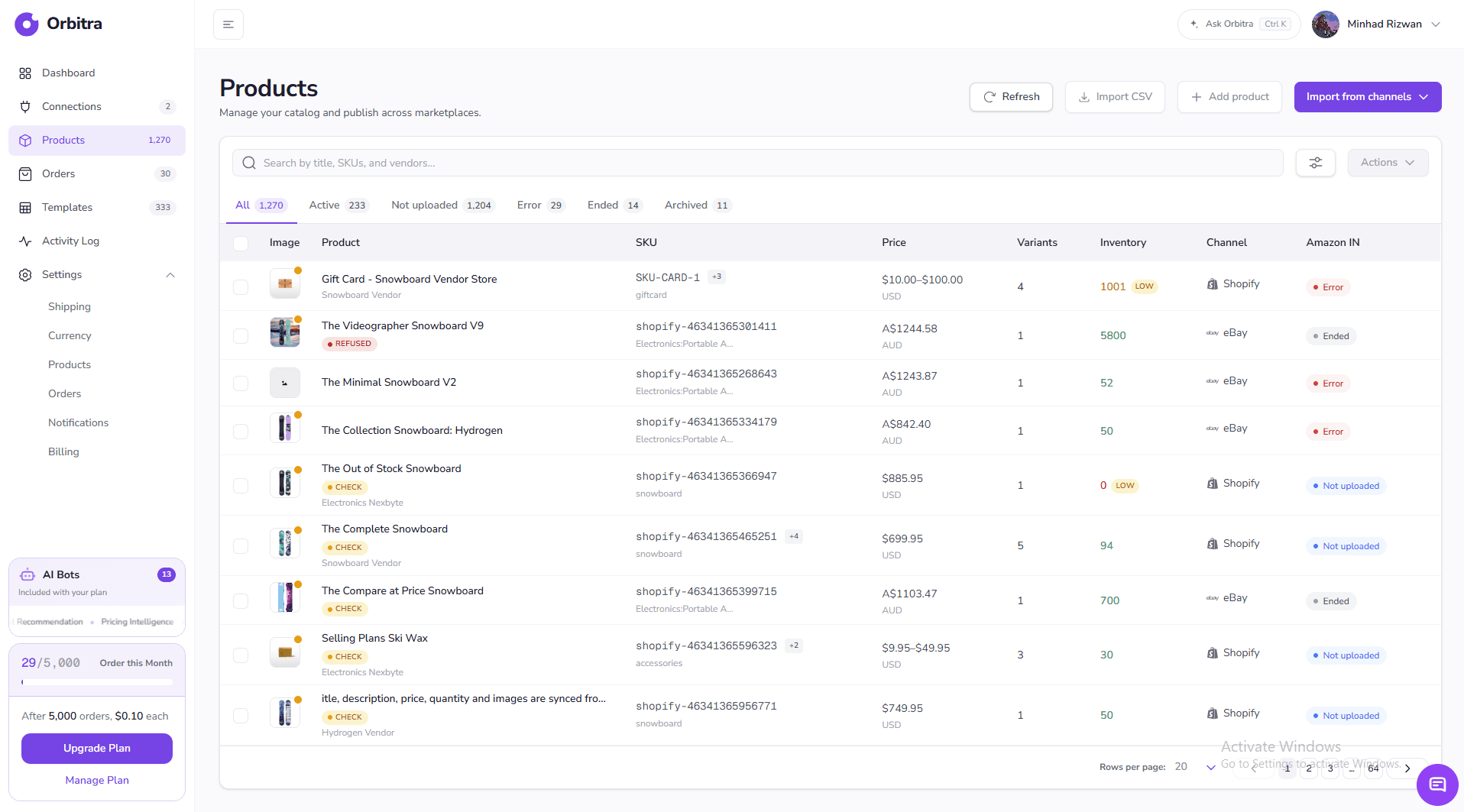 The Products page: status tabs above a catalog table with SKU, price, variants, inventory and channel.