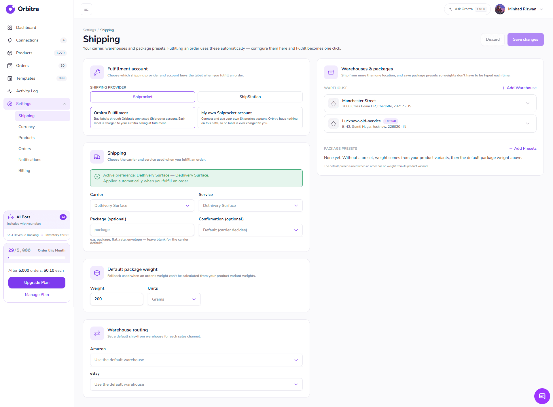 Settings → Shipping: fulfillment account, carrier, default package weight, warehouse routing and the warehouse list.