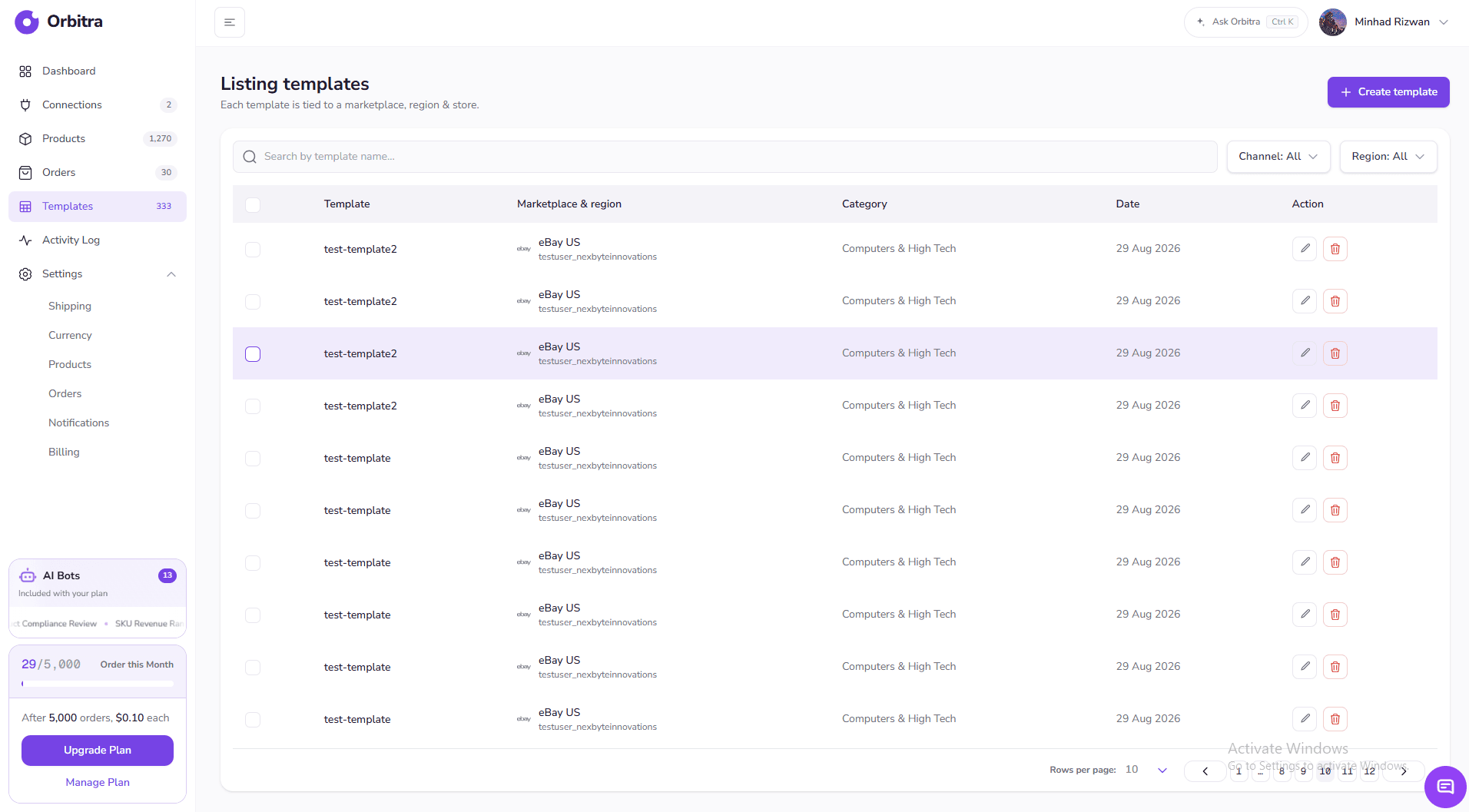 The Listing templates page: a table of eBay US templates with category, date and row actions.